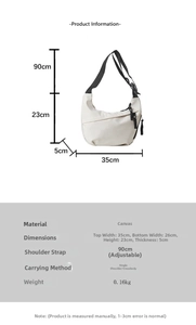 Detailed dimension chart showing size, strap length and fabric specs of the tote bag