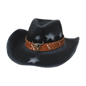 Chapeau de soleil style western en paille noire avec bord large et motif tête de taureau