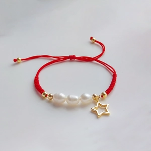 Ethnic style multi-layer red braided bracelet with pearls and gold star pendant