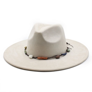 Beige wide brim felt fedora hat featuring a handmade colorful beaded decorative band