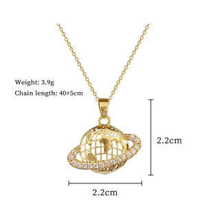 Detail view of gold titanium globe necklace showing 40+5cm chain length and 2.2cm pendant size