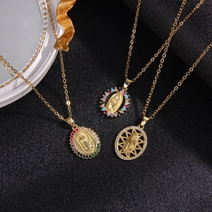 French retro gold necklaces with religious virgin mary pendants and colorful crystals