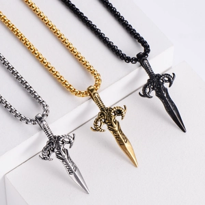 Vintage stainless steel sword pendant necklaces in silver, gold and black finishes