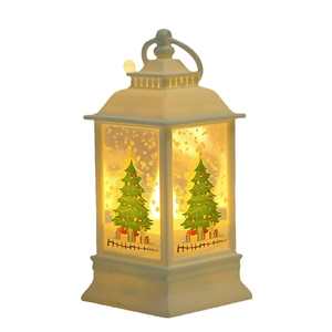 White vintage Christmas lantern with warm glow featuring festive tree and gift motifs