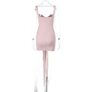 Detailed back view of pink lace bodycon dress showing zipper and delicate lace texture
