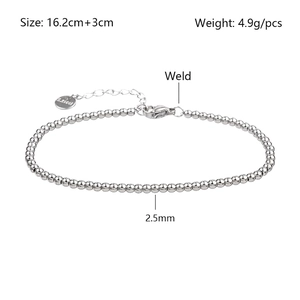 Detail of 2.5mm stainless steel bead bracelet with lobster clasp and extension chain