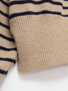 Close-up detail of soft striped knit sweater cuff with textured wool blend fabric