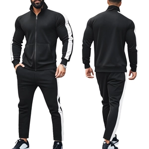 Men's two-piece black tracksuit with white side stripes, front and back view of the set