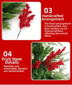 Detail view of artificial red berry stems showing handmade assembly and flexible bendable branches