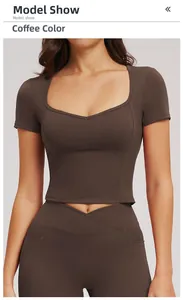 Detail of coffee brown yoga top featuring a unique sweetheart neckline and slim fit design