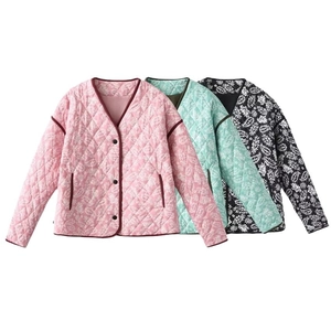 Women quilted paisley print jackets in pink, mint green and black colors v-neck style