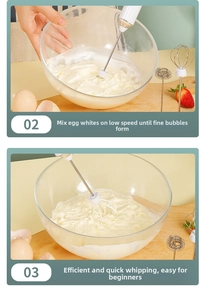Handheld electric mixer in action showing balloon whisk whipping egg whites in a glass bowl