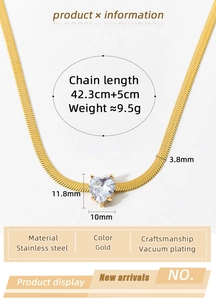 Detailed view of gold stainless steel snake chain with heart pendant and 42.3cm chain length