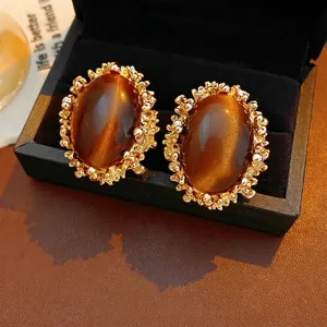Vintage Oval Tiger Eye Stone Stud Earrings With Golden Textured Alloy Border And Silver Earring Post For Women
