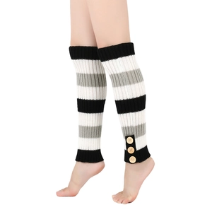 Knit striped leg warmers with vintage wooden buttons for boots in black and grey