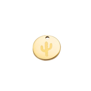 Detailed close-up of a 18K gold-plated stainless steel round pendant with cactus engraving
