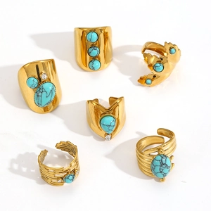6-piece gold stainless steel ring set for women featuring vintage turquoise stones