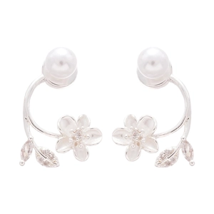 Silver flower stud earrings with elegant pearls and sparkling zircon leaf accents