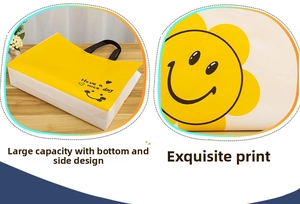 Detail of a large capacity non-woven yellow tote bag with a smiley face print