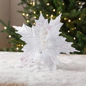 Artificial 26cm white sequined Christmas poinsettia flower for DIY festive decorations