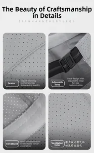Detail of gray breathable mesh cap with laser-cut holes and adjustable back strap