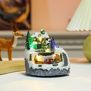 Luminous Christmas resin snow house with colorful LED lights and miniature red train