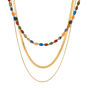 Three-layer gold stainless steel necklace with colorful natural stone beads and snake chain