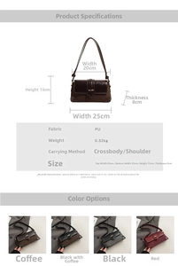 Detail showing dimensions and material specifications for this PU leather baguette bag