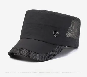 Detail of black breathable mesh flat top cap for men with side fashion logo patch