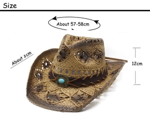 Detailed size specifications of a western straw cowboy hat with 58cm head circumference