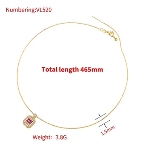 18K gold plated copper necklace featuring a rectangular pendant with red rubies and zircons