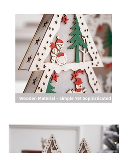 Detail of laser-cut wooden Christmas ornament featuring snowman and tree motifs