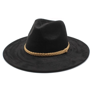 Detail of British style black wide brim fedora with a camel braided rope band