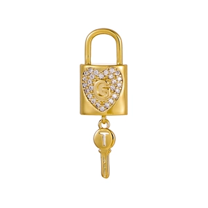 Minimalist gold key and lock pendant necklace with G and T letters and zircon inlay