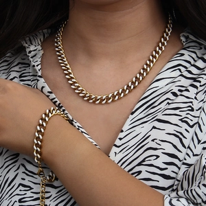 Chic gold and white enamel Cuban chain necklace and bracelet set for women