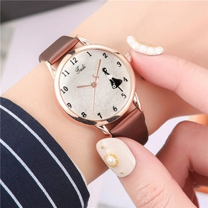 Chic women's watch with rose gold case, cat illustration dial and brown leather strap