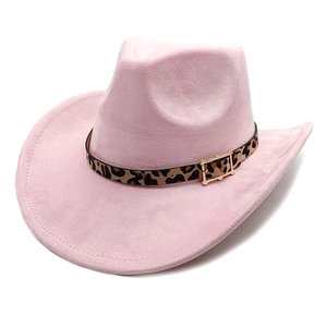 Detailed view of pink suede cowboy hat featuring a leopard print band and gold buckle