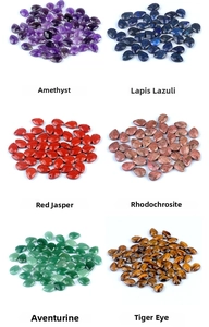 Faceted drop pendants in amethyst, lapis, red jasper, aventurine, and tiger eye stones