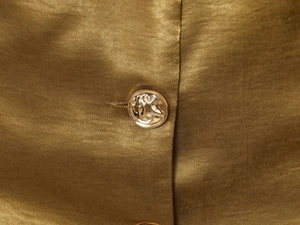 Detail of satin fabric texture and antique silver metal button on gold trousers