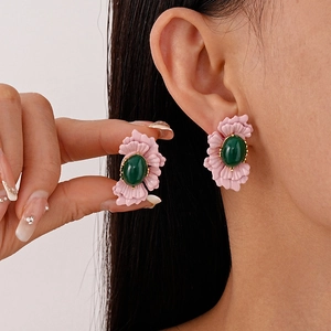 Vintage Flower Petal Stud Earrings Glass Bead Alloy Silver Earring Post Pink Green Floral Jewelry For Women