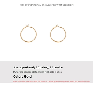 Detail view of 5.0cm gold-plated hoop earrings with S925 silver needle specifications