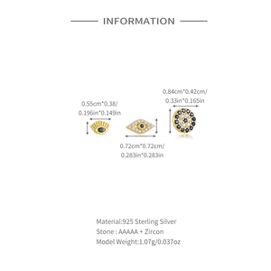 Detailed size specifications for gold 925 sterling silver evil eye stud earrings set