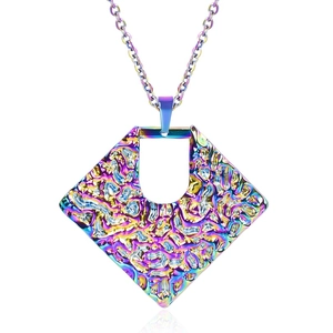 Detail of rhombic pendant with U-shaped cutout and iridescent rainbow metal finish
