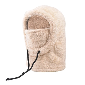 Detail of plush beige balaclava with soft faux fur texture and adjustable black drawstrings