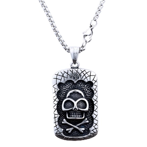 Gothic stainless steel rectangular pendant necklace featuring a vintage skull and crossbones