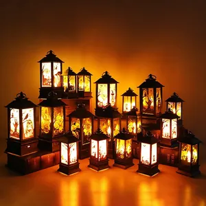 Halloween LED Lantern Decorative Retro Simulation Flame Light PVC Acrylic Pumpkin Witch Ghost Silhouette Party Ornament