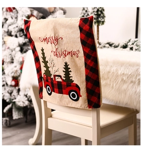 Christmas chair cover with red truck and tree design on rustic burlap fabric