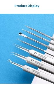 Detailed macro of stainless steel comedone extractors with knurled non-slip grip handles