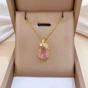 Élégant Collier Pendentif Goutte D'eau Chaîne Acier Inoxydable Feuille Cuivre Bijoux Zircon Pour Femmes