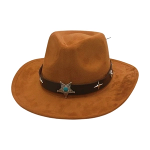 Chapeau De Cowboy Occidental Suédine Fedora Bord Large Bande Cuir Synthétique Rivets Étoiles Badge Étoile Turquoise Vintage Unisexe